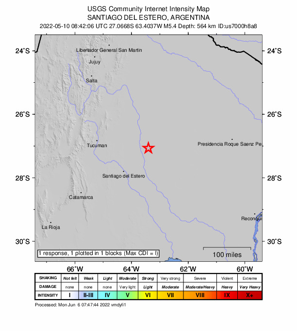 USGS DYFI community-reported intensity map for the M5.4 earthquake near 17 km WSW of El Hoyo, Argentina