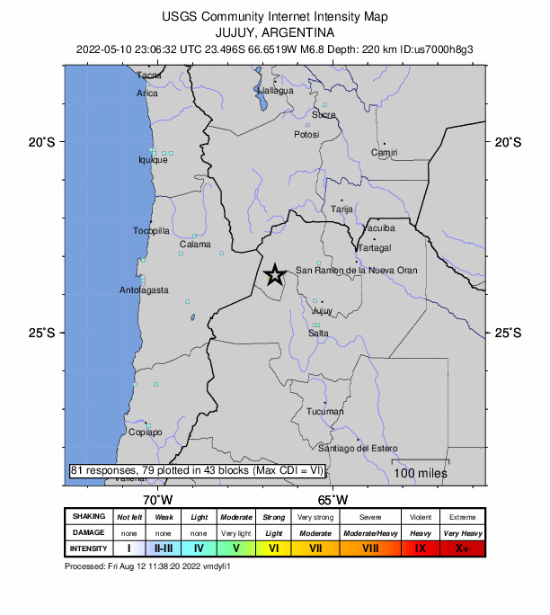 USGS DYFI community-reported intensity map for the M6.8 earthquake near 86 km NNW of San Antonio de los Cobres, Argentina