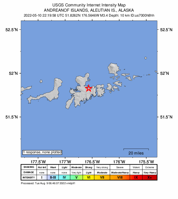 USGS DYFI community-reported intensity map for the M3.4 earthquake near 7 km SE of Adak, Alaska
