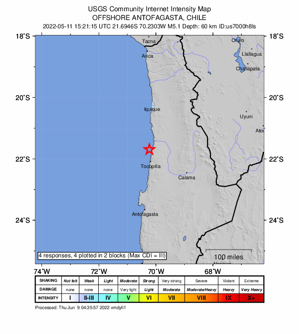USGS DYFI community-reported intensity map for the M5.1 earthquake near 43 km N of Tocopilla, Chile