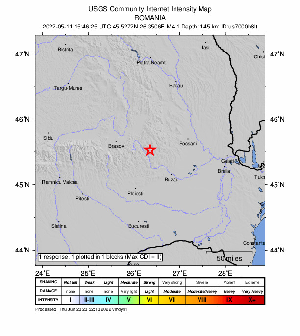 USGS DYFI community-reported intensity map for the M4.1 earthquake near 7 km NW of Gura Teghii, Romania