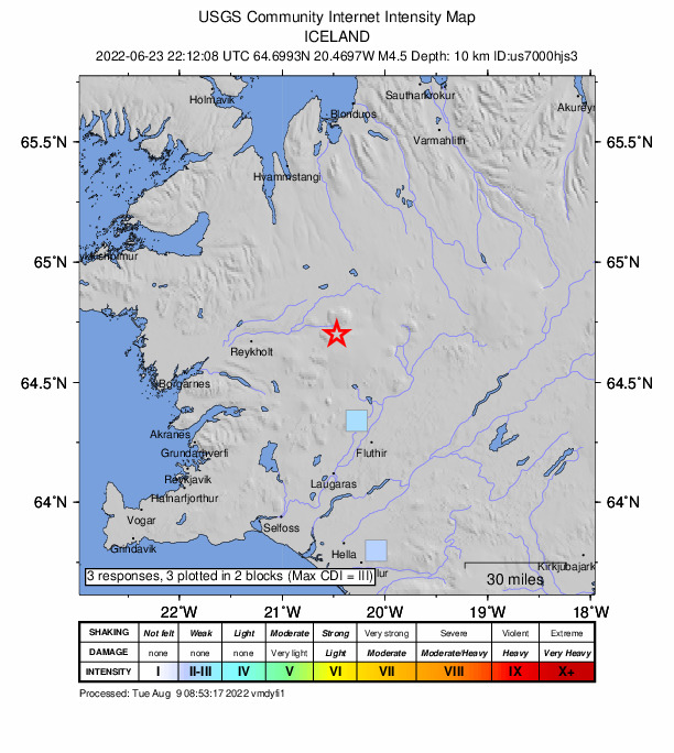 USGS DYFI community-reported intensity map for the M4.5 earthquake near 71 km ENE of Borgarnes, Iceland