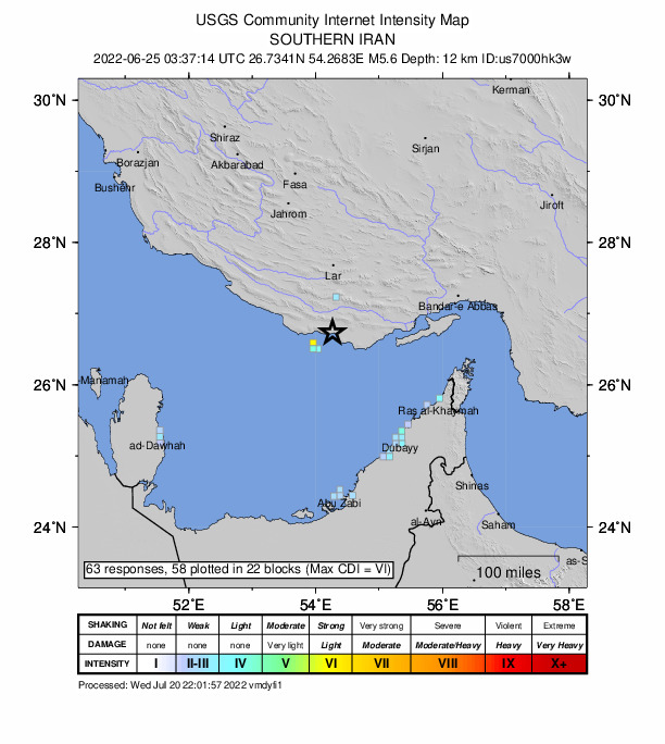 USGS DYFI community-reported intensity map for the M5.6 earthquake near 31 km NE of K?sh, Iran