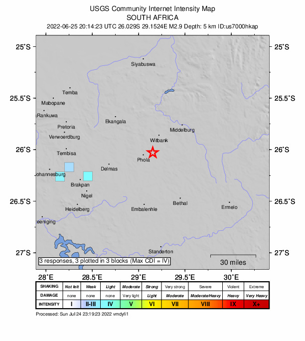 USGS DYFI community-reported intensity map for the M2.9 earthquake near 29 km E of Delmas, South Africa