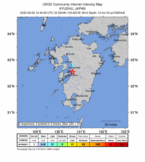 USGS DYFI community-reported intensity map for the M4.6 earthquake near 3.5 km NE of Honmachi, Japan