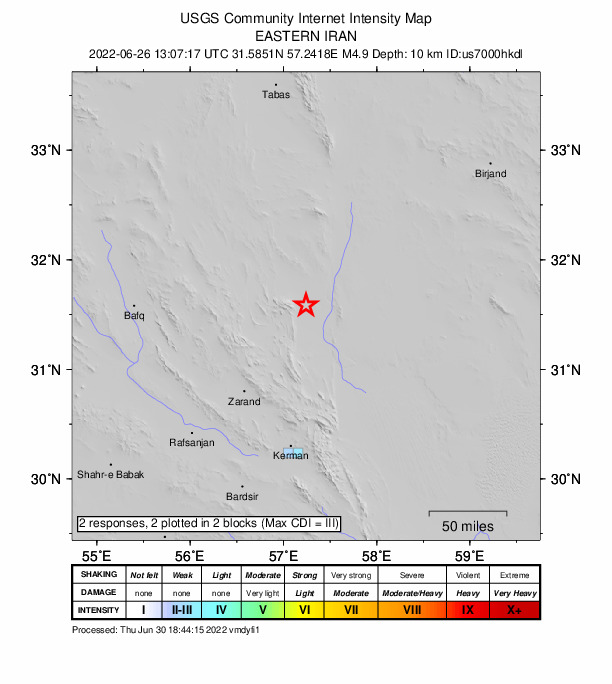 USGS DYFI community-reported intensity map for the M4.9 earthquake near 54 km NE of R?var, Iran