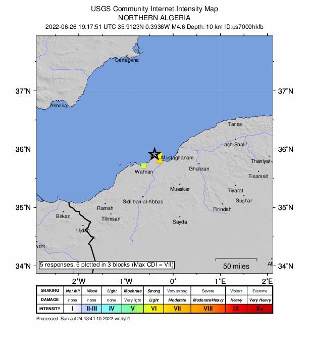 USGS DYFI community-reported intensity map for the M4.6 earthquake near 14 km NW of Aïn el Bya, Algeria