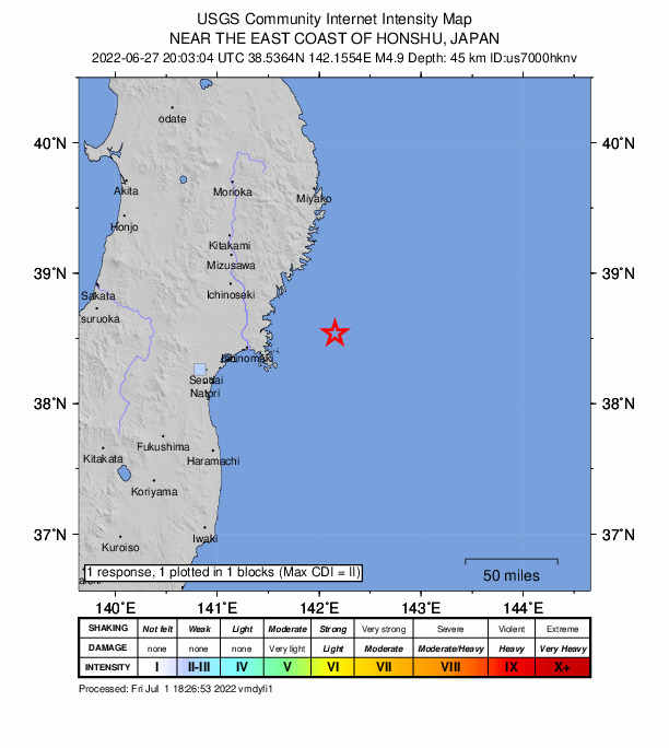 USGS DYFI community-reported intensity map for the M4.9 earthquake near 70 km SSE of ?funato, Japan