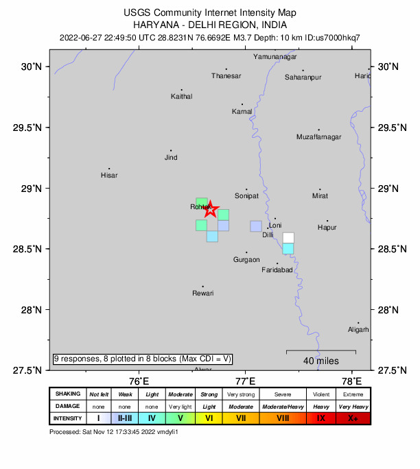 USGS DYFI community-reported intensity map for the M3.7 earthquake near 11 km SE of Rohtak, India