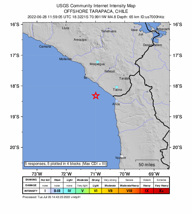 USGS DYFI community-reported intensity map for the M4.8 earthquake near 68 km SW of Las Yaras, Peru