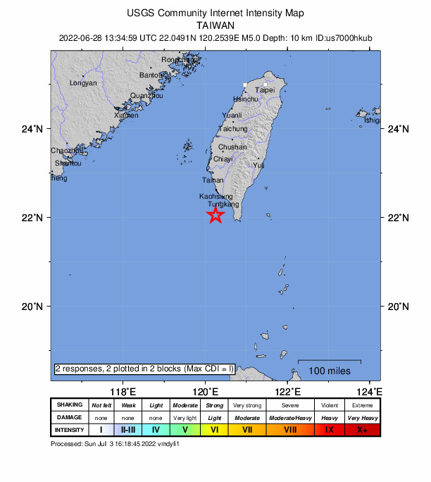 USGS DYFI community-reported intensity map for the M5.0 earthquake near 51 km W of Hengchun, Taiwan