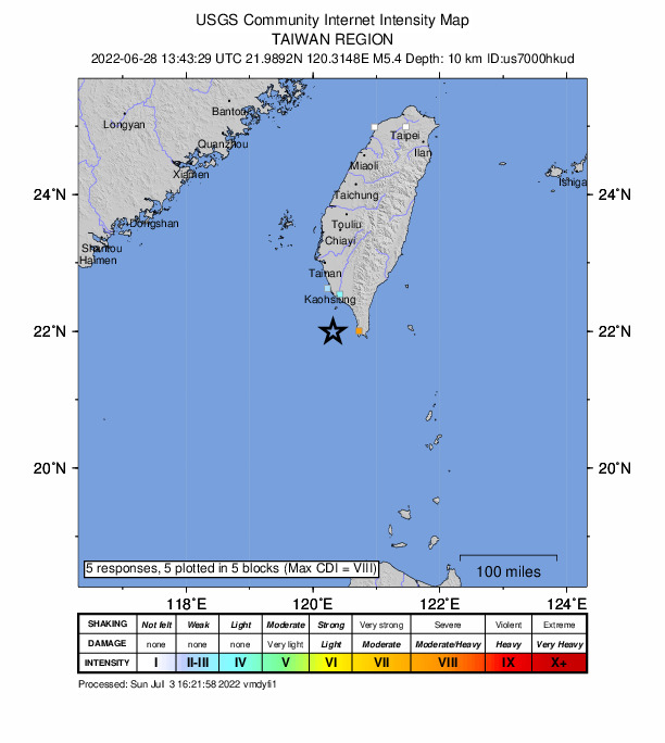 USGS DYFI community-reported intensity map for the M5.3 earthquake near 44 km W of Hengchun, Taiwan