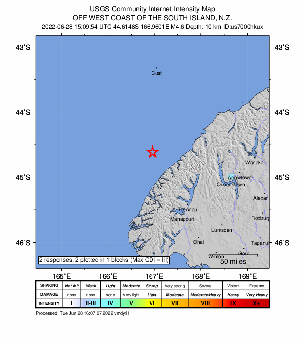 USGS DYFI community-reported intensity map for the M4.5 earthquake near South Island of New Zealand