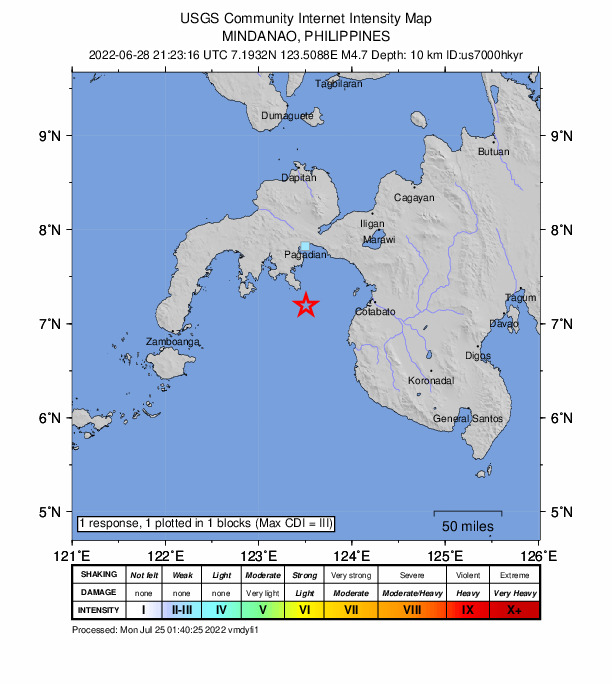 USGS DYFI community-reported intensity map for the M4.7 earthquake near 29 km SSE of Malim, Philippines