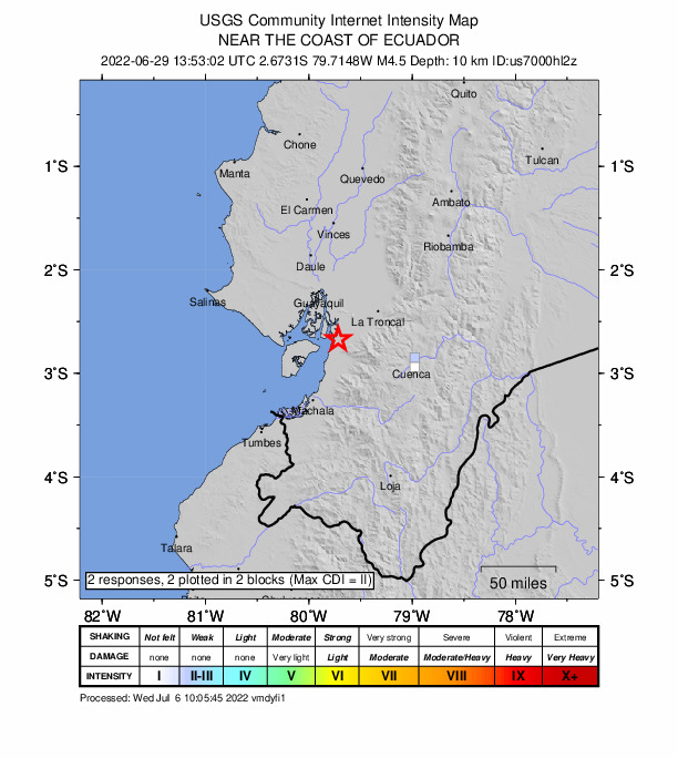 USGS DYFI community-reported intensity map for the M4.6 earthquake near 10 km WSW of La Troncal, Ecuador