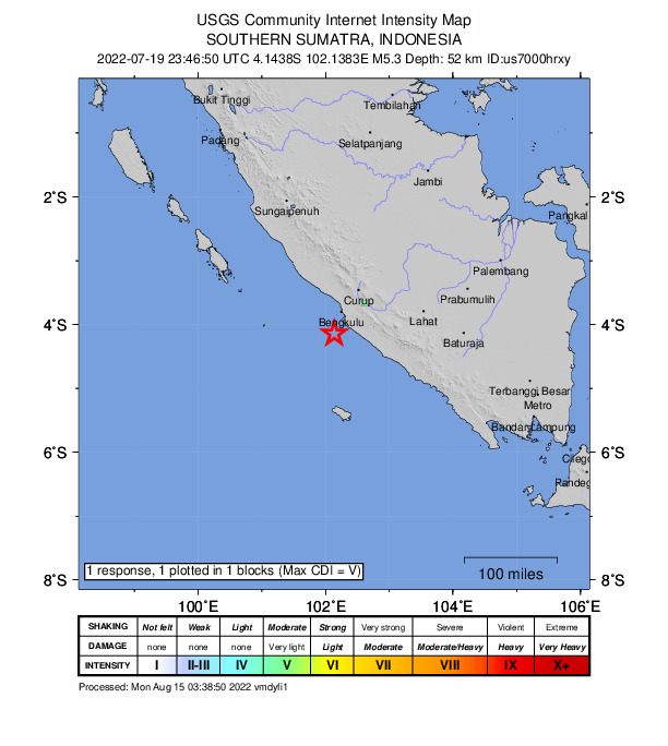 USGS DYFI community-reported intensity map for the M5.3 earthquake near southern Sumatra, Indonesia