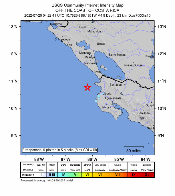 USGS DYFI community-reported intensity map for the M5.1 earthquake near 64 km SSW of San Juan del Sur, Nicaragua