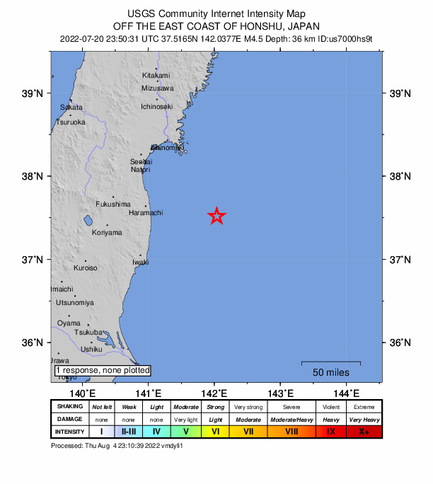 USGS DYFI community-reported intensity map for the M4.5 earthquake near 91 km E of Namie, Japan