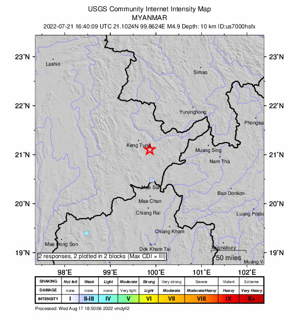 USGS DYFI community-reported intensity map for the M4.9 earthquake near 58 km S of K?ng Tung, Myanmar