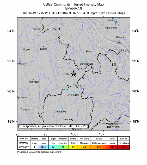 USGS DYFI community-reported intensity map for the M5.9 earthquake near 53 km S of K?ng Tung, Myanmar