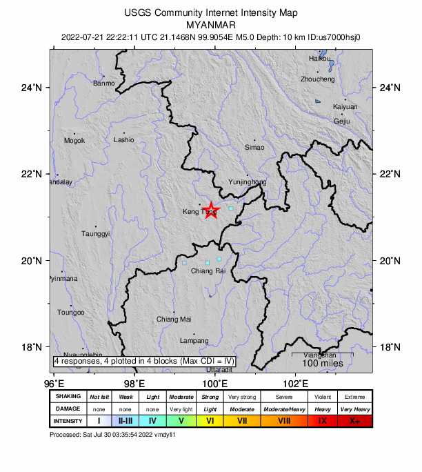 USGS DYFI community-reported intensity map for the M4.9 earthquake near 53 km S of K?ng Tung, Myanmar