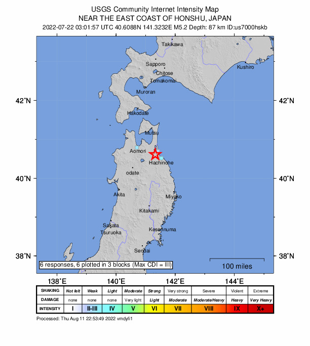 USGS DYFI community-reported intensity map for the M5.2 earthquake near 10 km SSW of Misawa, Japan