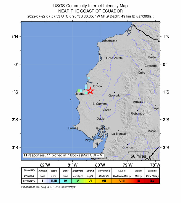 USGS DYFI community-reported intensity map for the M4.9 earthquake near 11 km ESE of Rocafuerte, Ecuador
