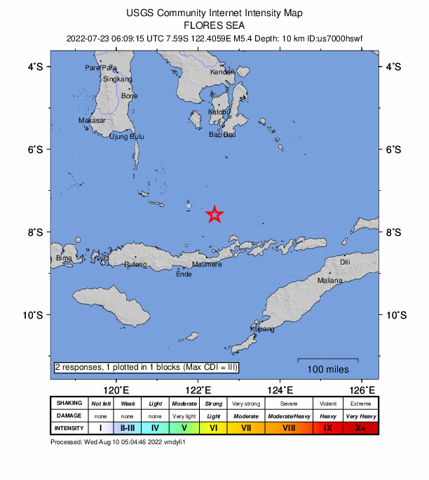 USGS DYFI community-reported intensity map for the M5.4 earthquake near 115 km N of Maumere, Indonesia