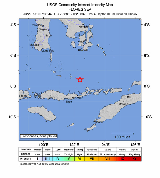 USGS DYFI community-reported intensity map for the M5.4 earthquake near 115 km N of Maumere, Indonesia