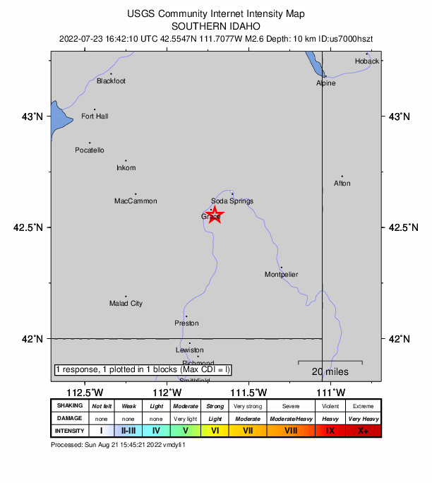 USGS DYFI community-reported intensity map for the M2.6 earthquake near 3 km SE of Grace, Idaho