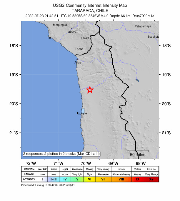 USGS DYFI community-reported intensity map for the M4.0 earthquake near 81 km NNE of Iquique, Chile