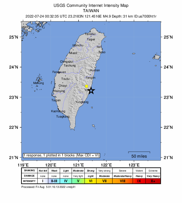 USGS DYFI community-reported intensity map for the M4.9 earthquake near 86 km SSW of Hualien City, Taiwan