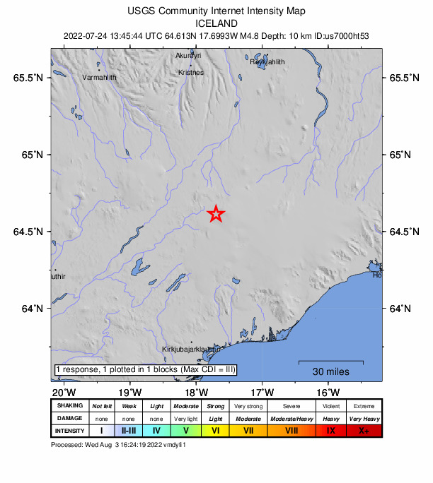 USGS DYFI community-reported intensity map for the M4.8 earthquake near 120 km S of Akureyri, Iceland