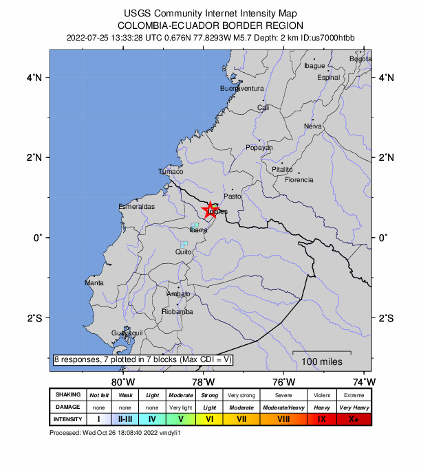 USGS DYFI community-reported intensity map for the M5.7 earthquake near 9 km N of San Gabriel, Ecuador