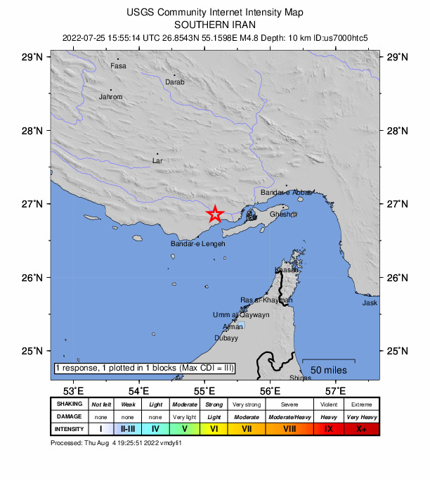 USGS DYFI community-reported intensity map for the M4.8 earthquake near 43 km NE of Bandar-e Lengeh, Iran
