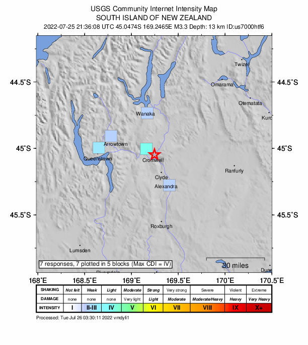 USGS DYFI community-reported intensity map for the M3.3 earthquake near 3 km ESE of Cromwell, New Zealand