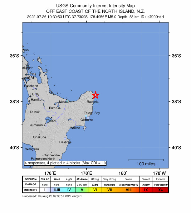 USGS DYFI community-reported intensity map for the M5.0 earthquake near 110 km ENE of Opotiki, New Zealand
