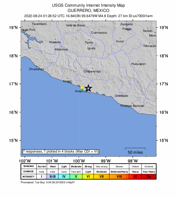 USGS DYFI community-reported intensity map for the M4.8 earthquake near 0 km WSW of Aguas Calientes, Mexico
