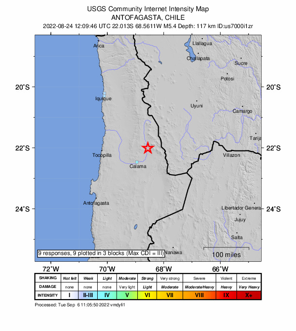 USGS DYFI community-reported intensity map for the M5.4 earthquake near 60 km NE of Calama, Chile