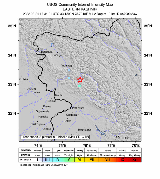 USGS DYFI community-reported intensity map for the M4.2 earthquake near 16 km E of Doda, India