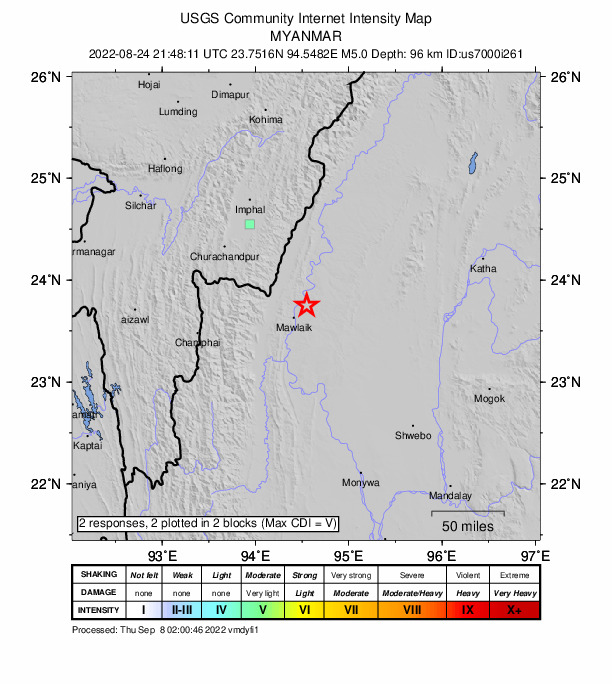 USGS DYFI community-reported intensity map for the M5.0 earthquake near 18 km NE of Mawlaik, Myanmar