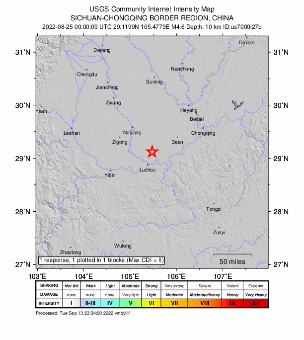 USGS DYFI community-reported intensity map for the M4.6 earthquake near 48 km WSW of Yongchuan, China