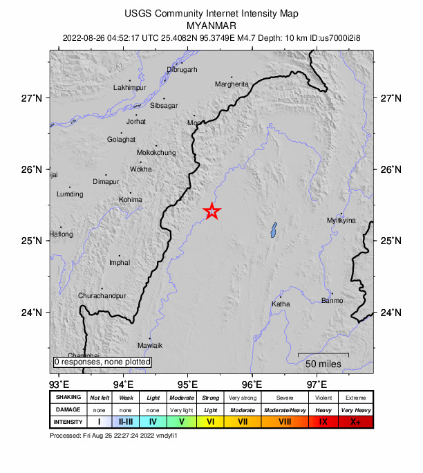 USGS DYFI community-reported intensity map for the M4.6 earthquake near 103 km SE of Phek, India