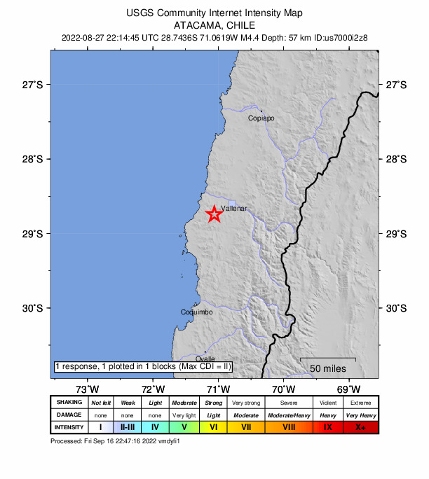 USGS DYFI community-reported intensity map for the M4.4 earthquake near 34 km WSW of Vallenar, Chile