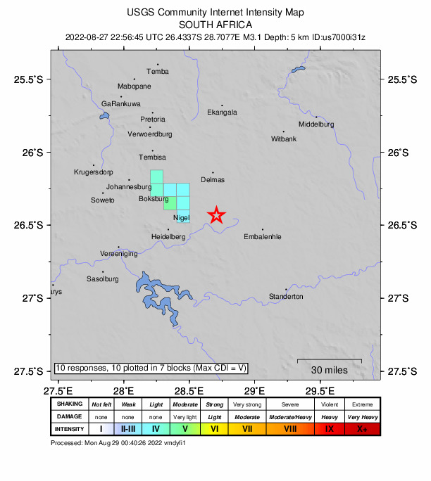 USGS DYFI community-reported intensity map for the M3.1 earthquake near 23 km E of Nigel, South Africa