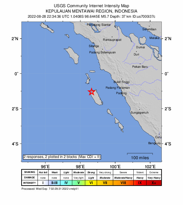 USGS DYFI community-reported intensity map for the M5.7 earthquake near Kepulauan Mentawai region, Indonesia