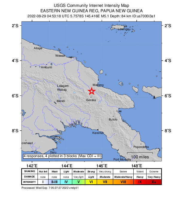 USGS DYFI community-reported intensity map for the M5.1 earthquake near 36 km N of Goroka, Papua New Guinea