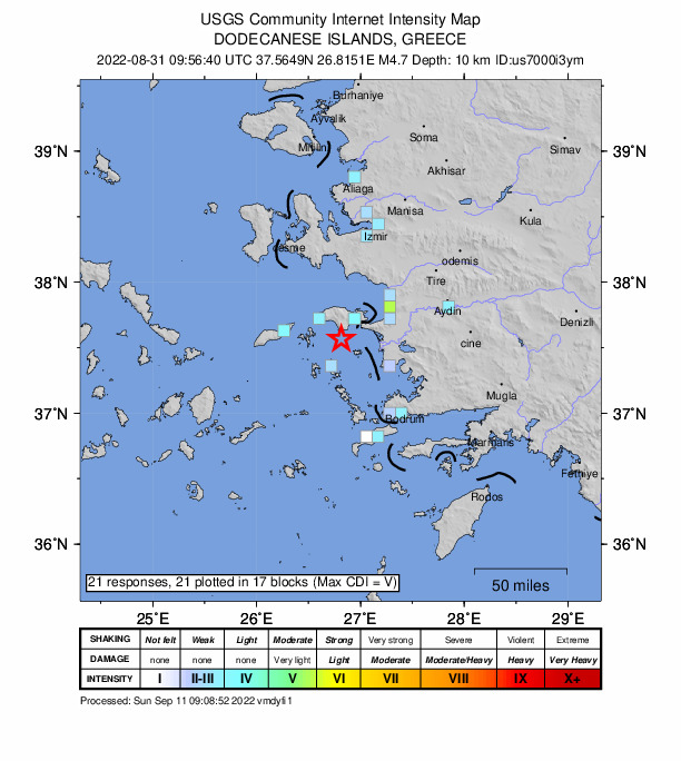 USGS DYFI community-reported intensity map for the M4.7 earthquake near 17 km SSW of Chóra, Greece