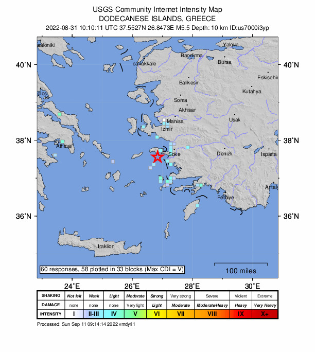 USGS DYFI community-reported intensity map for the M5.4 earthquake near 14 km NW of Megálo Chorió, Greece