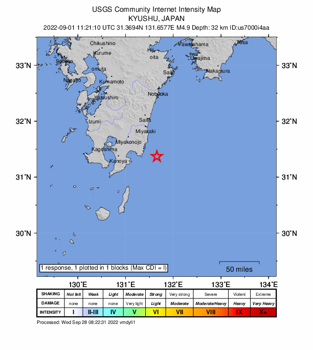 USGS DYFI community-reported intensity map for the M4.9 earthquake near 38 km SE of Nichinan, Japan